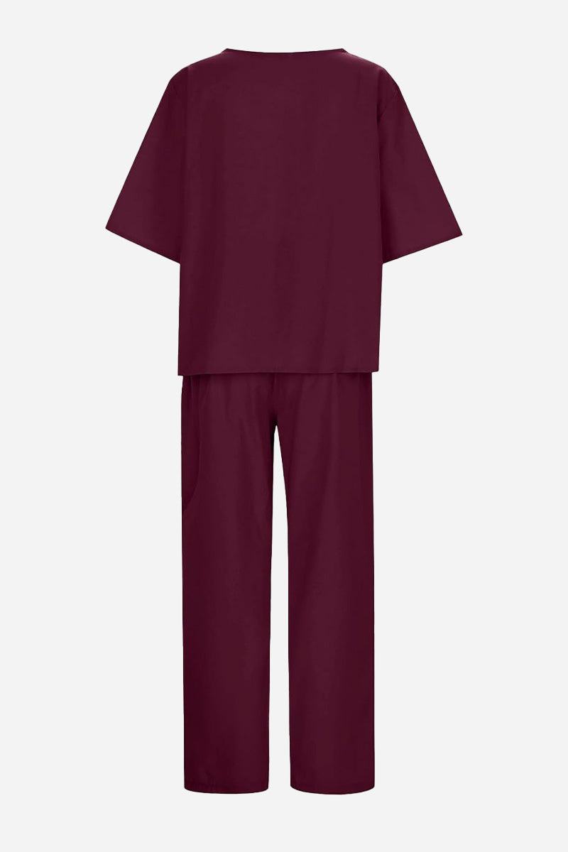 Cotton-linen blend monochrome two-piece set with relaxed fit in deep burgundy color