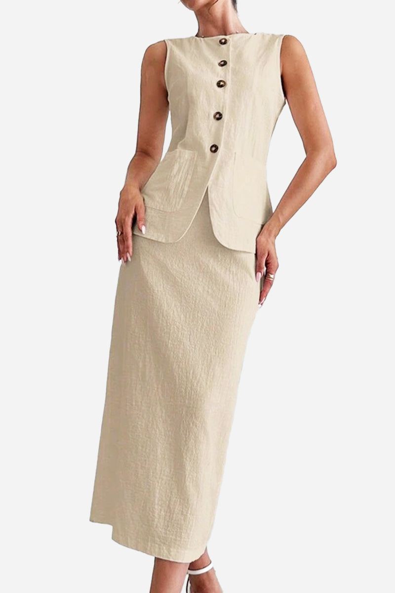 Beige cotton-linen blend sleeveless vest and high-waisted skirt two-piece set