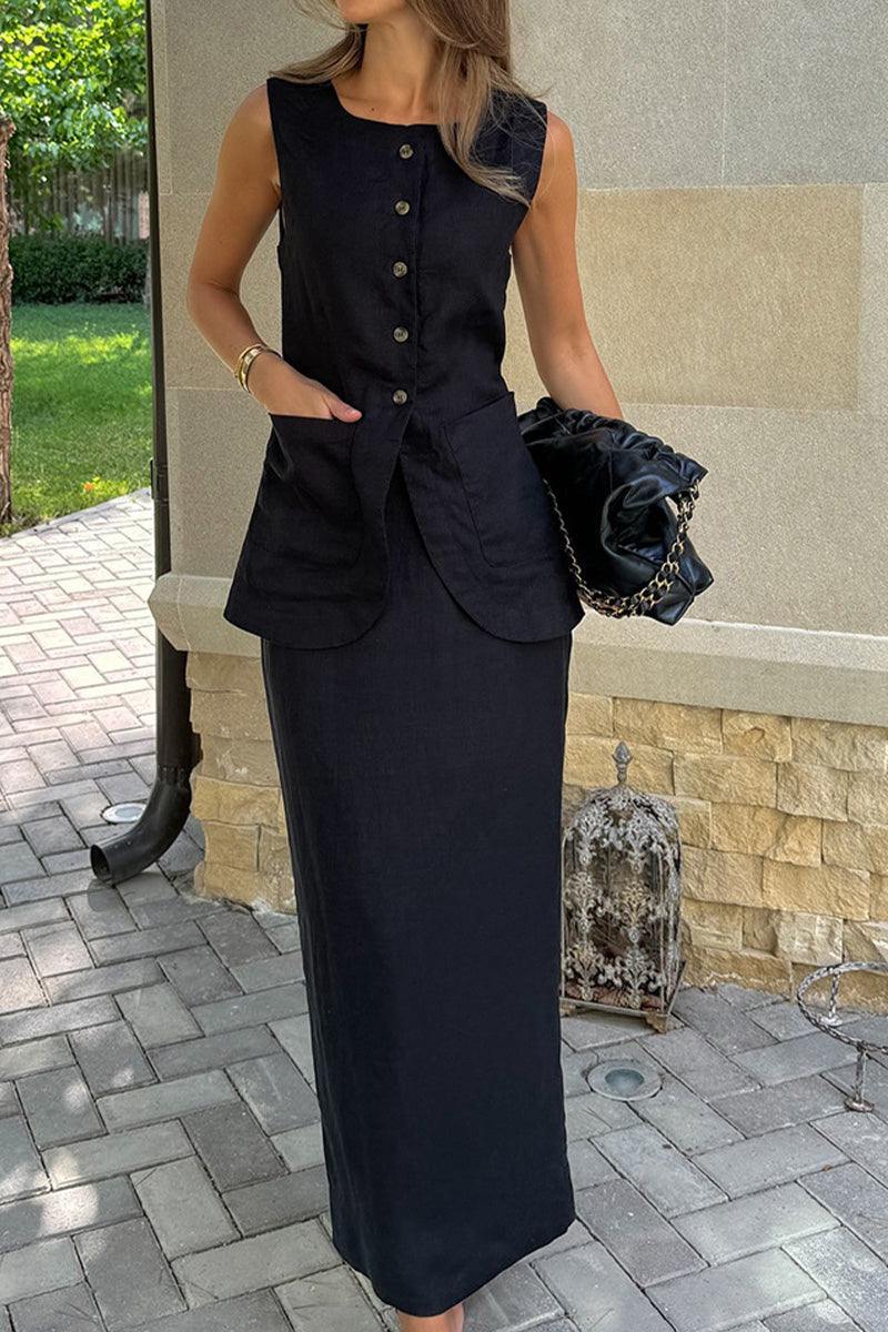 Black cotton-linen blend sleeveless vest and high-waisted skirt two-piece outfit