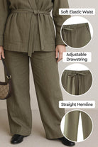 Women's mix-match lounge-to-travel set featuring wide-leg pants with soft elastic waist, adjustable drawstring, and straight hemline in earthy olive tone
