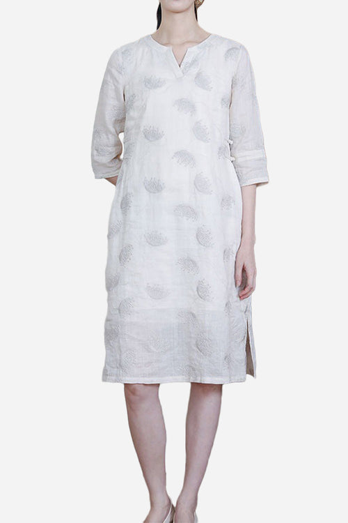 100% Linen Embroidered Notch-Neck Midi Dress