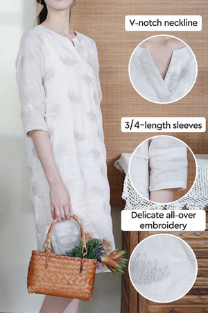 100% Linen Embroidered Notch-Neck Midi Dress