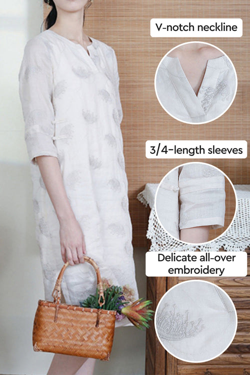 100% Linen Embroidered Notch-Neck Midi Dress