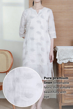 100% Linen Embroidered Notch-Neck Midi Dress
