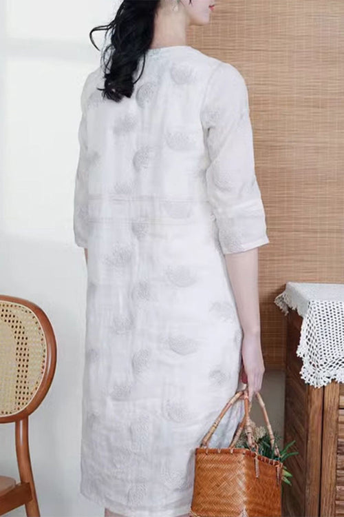 100% Linen Embroidered Notch-Neck Midi Dress