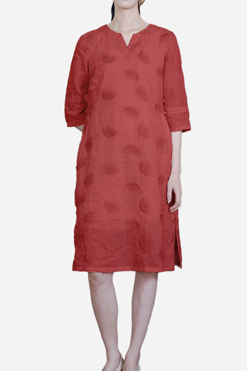 100% Linen Embroidered Notch-Neck Midi Dress