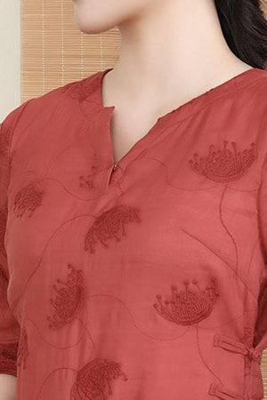 100% Linen Embroidered Notch-Neck Midi Dress
