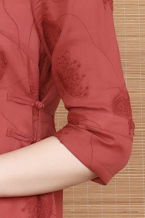100% Linen Embroidered Notch-Neck Midi Dress