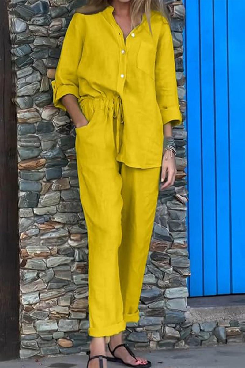 Yellow casual chic two-piece set with button-up shirt and drawstring pants