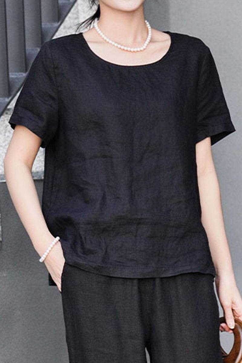 Black 100% pure linen breathable classic shirt with short sleeves and round neckline for women