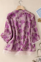 French boutique style organza blouse with purple floral print, lightweight and elegant design