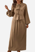 100 cotton long-sleeve crop top and maxi skirt set in brown breathable fabric with tie-front detail