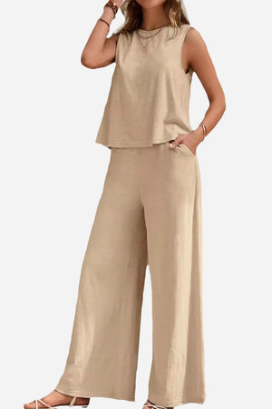 Travel-Friendly Sleeveless Wide Leg Pants Set