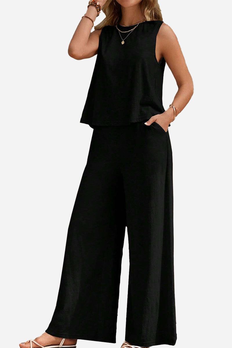 Black sleeveless top and wide leg pants set for comfortable, wrinkle-resistant travel and versatile styling