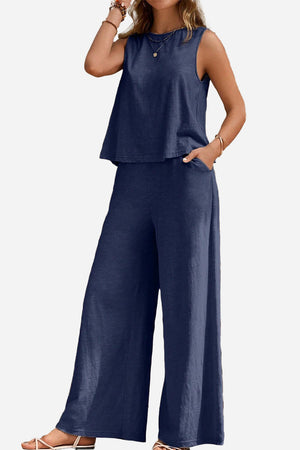 Travel-Friendly Sleeveless Wide Leg Pants Set