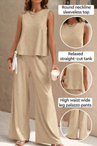 Beige sleeveless wide leg pants set with round neckline top and high waist palazzo pants for comfortable travel and casual style
