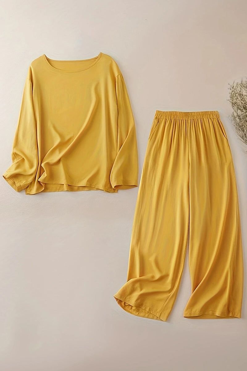 Yellow 100% cotton two-piece set with long-sleeve round neck top and wide-leg pants for breathable comfort and casual style