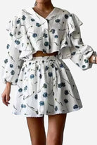 Sweet Countryside 100% cotton ruffled floral two-piece set with long sleeves and skirt