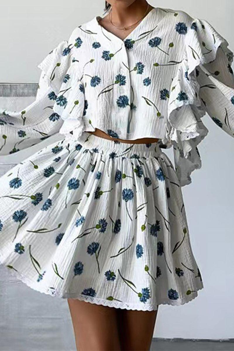 Sweet Countryside 100 cotton ruffled two-piece set with floral print and breathable fabric