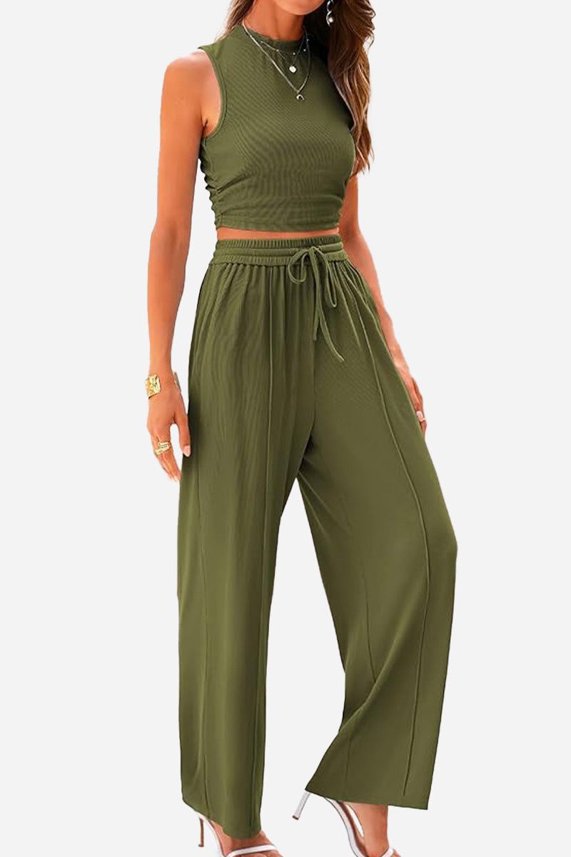 Woman wearing olive green Stroll & Hangout Ribbed Knit two-piece set with sleeveless top and wide-leg pants