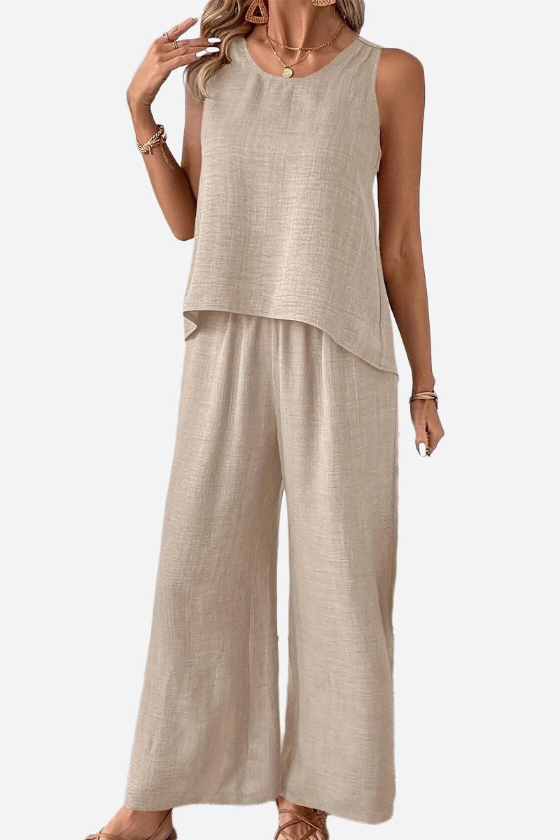 Dreamcatcher Crochet-Back two-piece set with sleeveless top and wide-leg pants in linen-look fabric