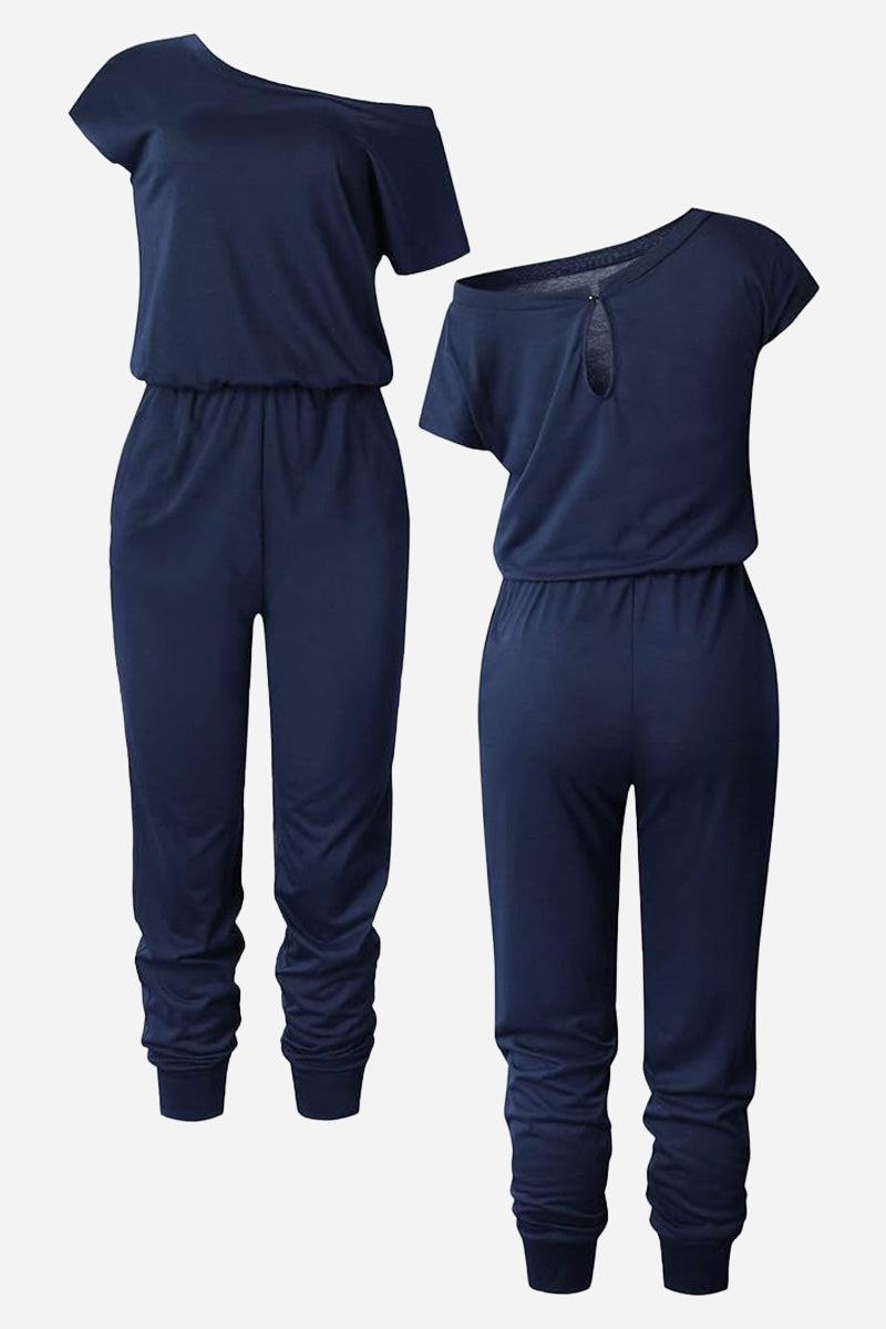 Moonlit Rome Off-Shoulder navy jumpsuit with oblique shoulder design and elastic waist