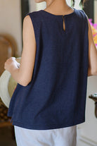 Dandelion Fields Cotton Linen sleeveless navy top with relaxed fit and back keyhole detail