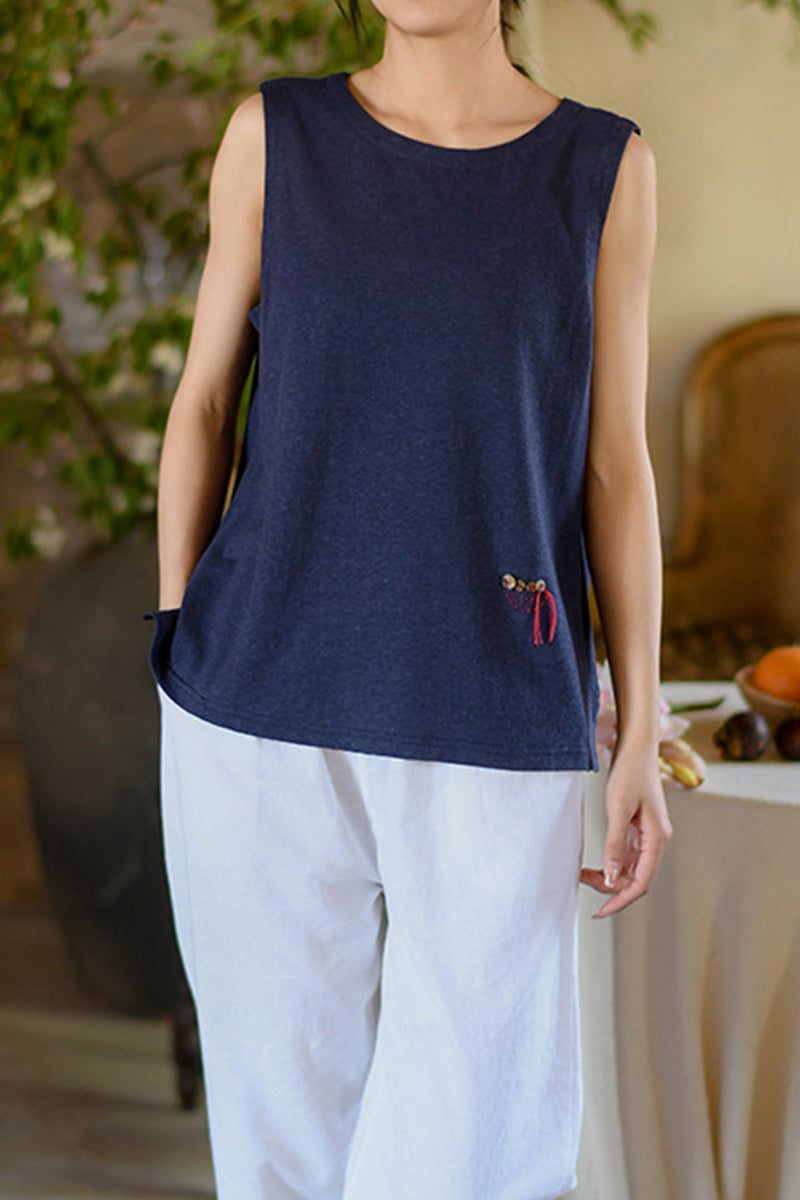 Dandelion Fields Cotton Linen sleeveless top in navy with embroidered detail, breathable soft fabric for all-day comfort