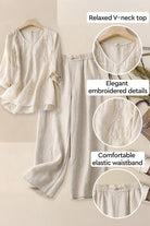 Cotton linen blend golden hour set with embroidered V-neck top and wide-leg pants with elastic waistband