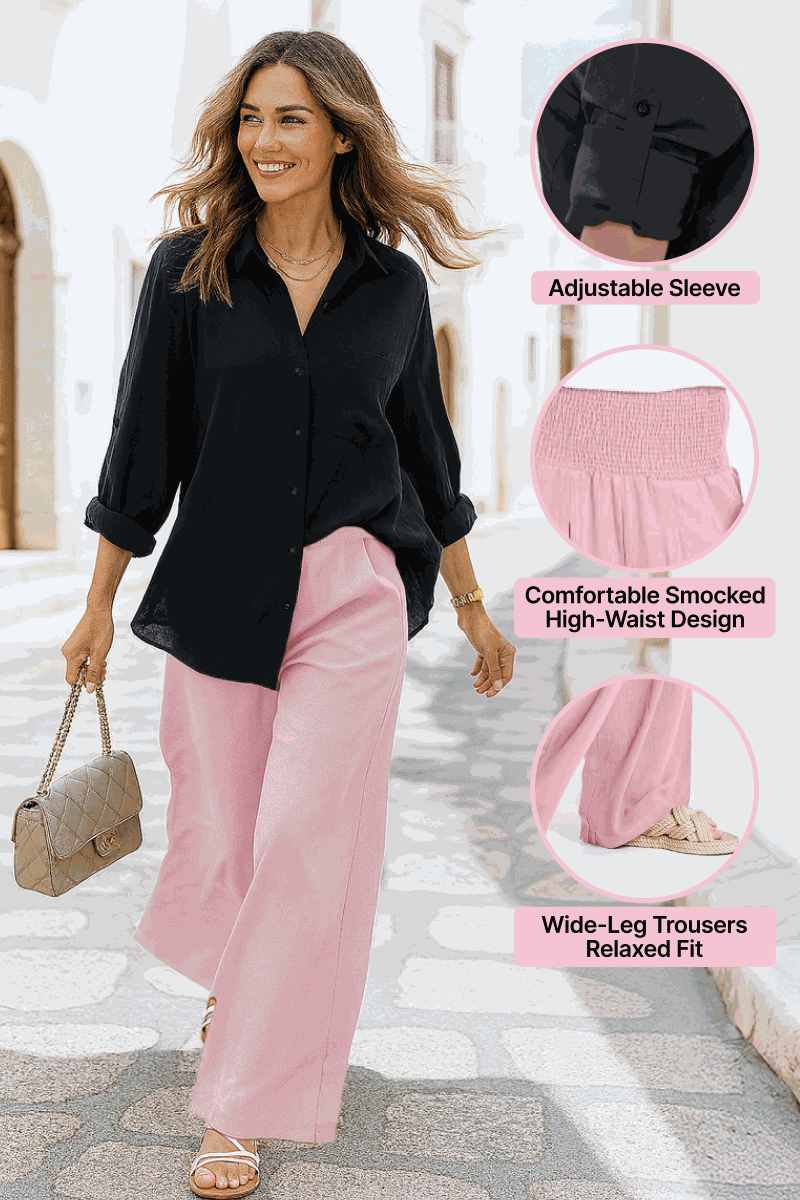 Woman wearing Oversized Linen Leaved-IN Set with black oversized linen-blend shirt and pink high-waisted wide-leg palazzo pants walking on street