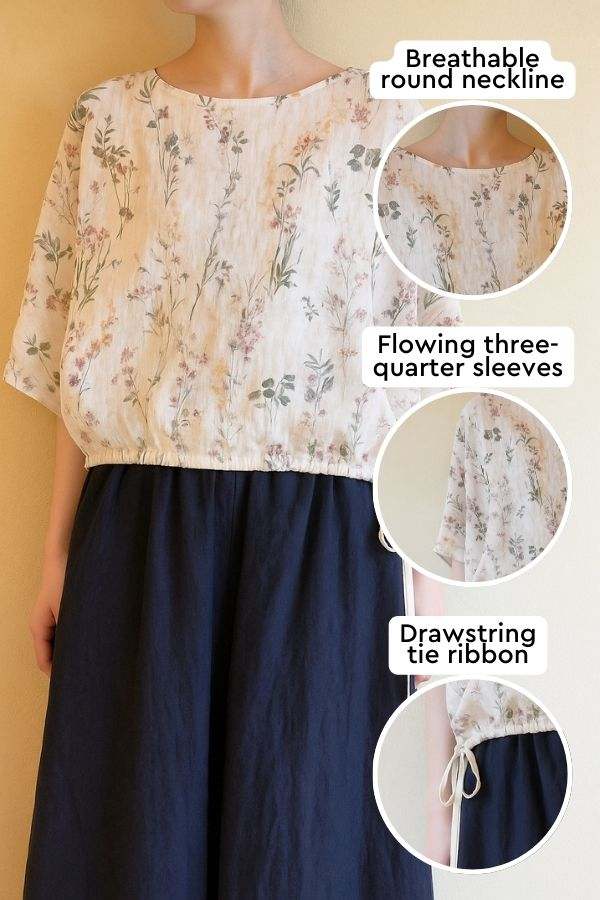 Botanical Garden linen blouse with breathable round neckline, flowing three-quarter sleeves, and adjustable drawstring tie ribbon.