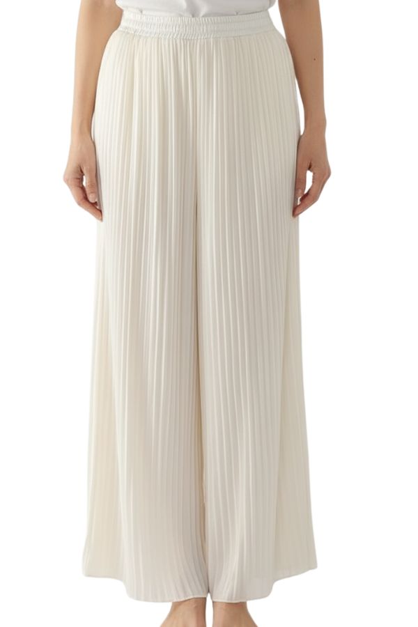 Garden Soirée cotton-silk blend pleated wide-leg trousers in ivory with elastic waistband for breathable comfort and elegant drape