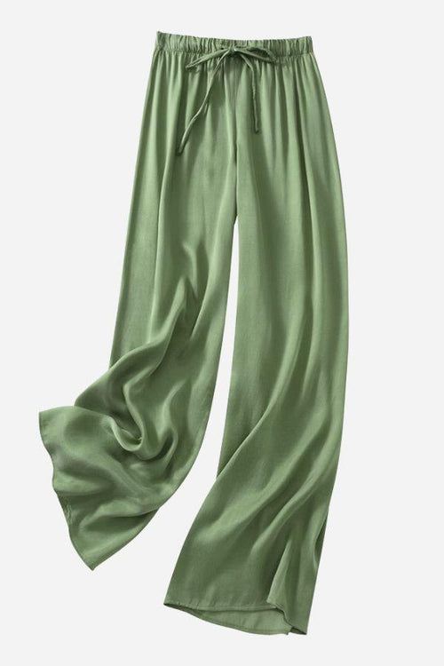 Green Subtle Moves Silk Wide Leg Trousers with high waist and breathable mulberry silk blend fabric