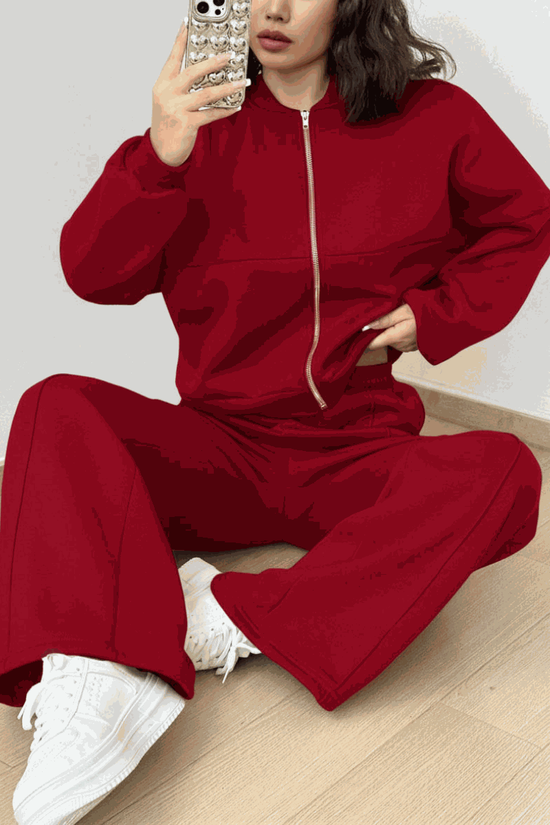 The Voyager Zip Set red zip-front sweatshirt and wide-leg joggers travel loungewear