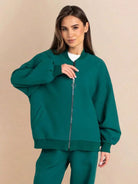 Two-piece Easy Airport Lounge Set in soft cotton-blend fabric with zip-front jacket and wide-leg pants for travel comfort