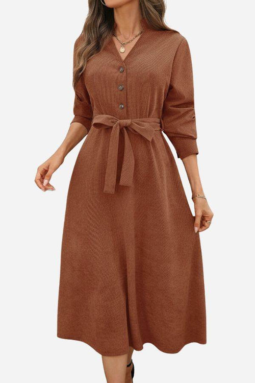 Effortlessly polished corduroy tie-waist midi dress with button-front and flattering silhouette