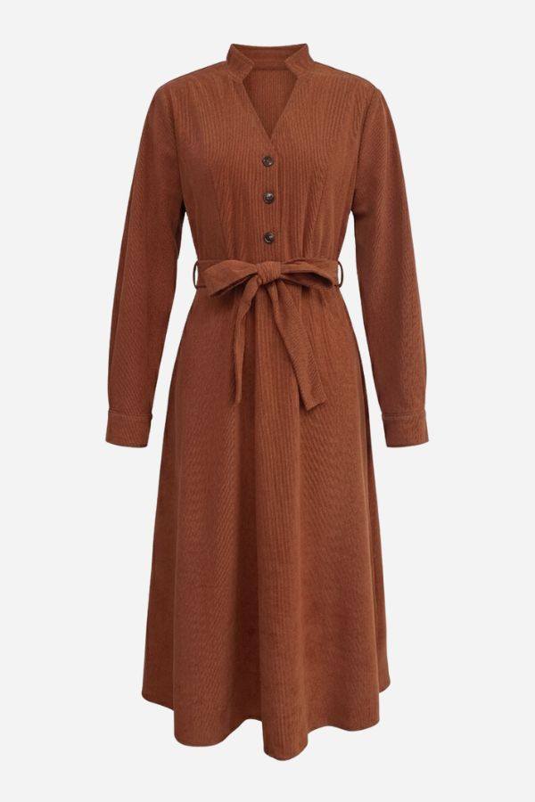 Effortlessly polished corduroy tie-waist dress in rich brown with button front and flattering mid-calf length silhouette