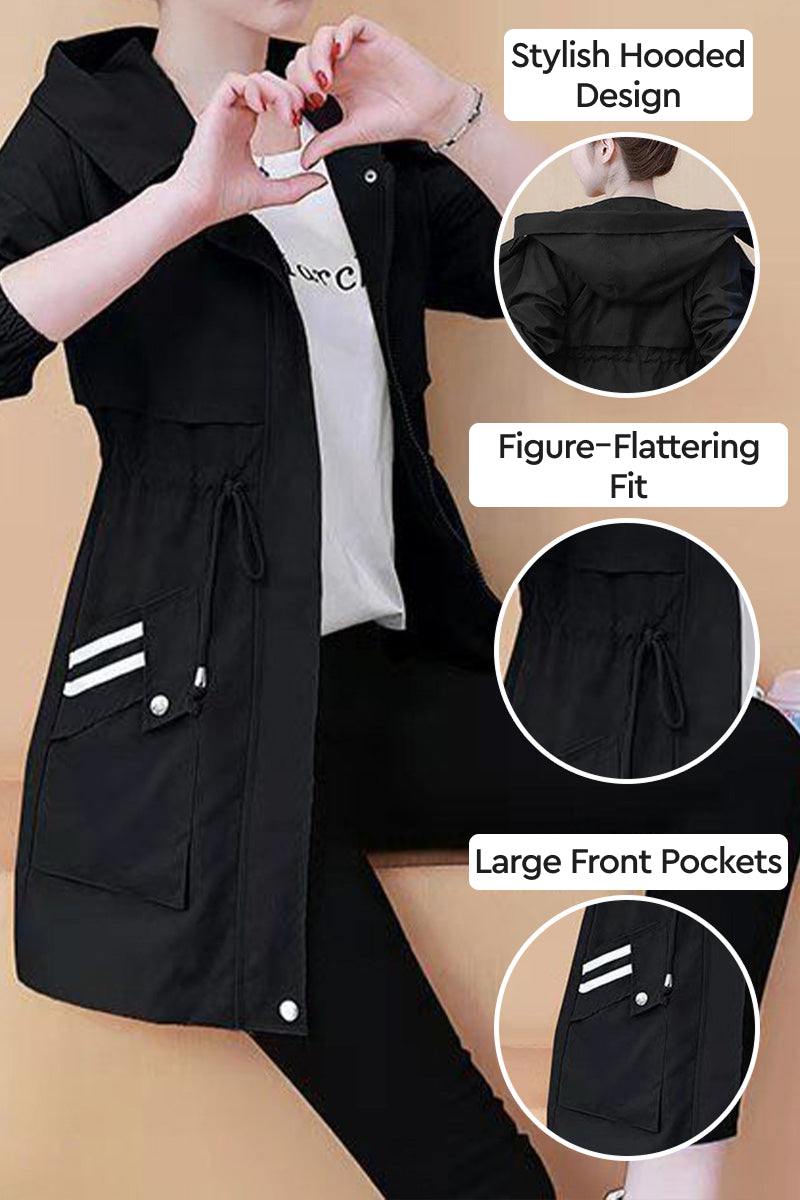 Cityscape Comfort Hooded Windbreaker with plush lining, figure-flattering fit, large front pockets, and stylish hooded design in black.