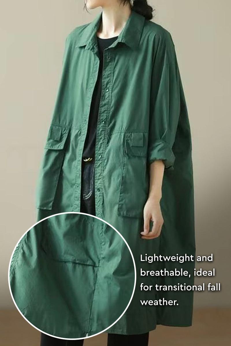 Nomad Ease Oversized Shirt-Jacket in green, lightweight breathable fabric with roll-up sleeves and large front pockets for versatile transitional fall wear.