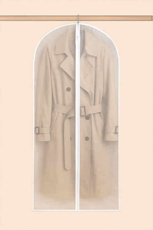 Waterproof dustproof clothing cover protecting beige trench coat on hanger against beige background