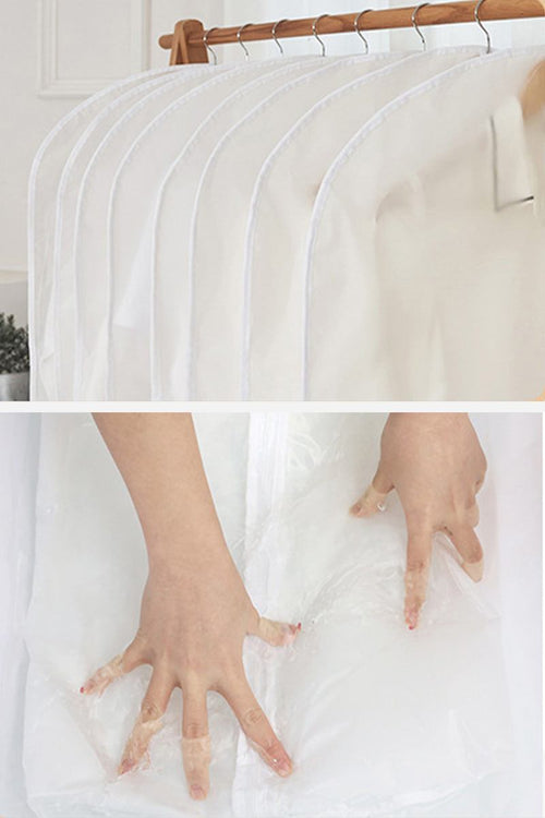Waterproof dustproof clothing covers hanging on a rack and hands demonstrating the durable PEVA material protection