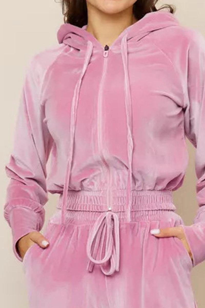 Pink cropped velour tracksuit hoodie with high-waist drawstring velour pants for women