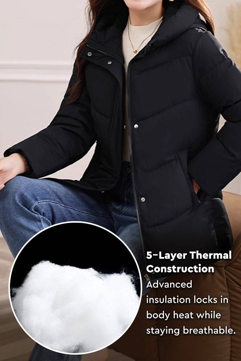 Everyday Warmth Coat black mid-length hooded coat with 5-layer thermal insulation and breathable warmth