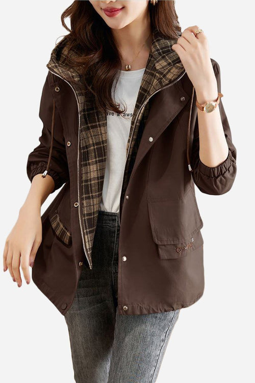 Women's City Explorer Plaid Windbreaker with brown wind-resistant shell and soft plaid cotton lining