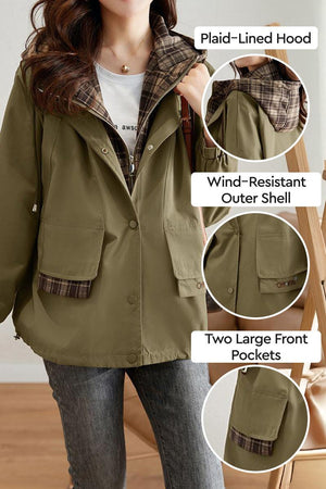 City Explorer Plaid Windbreaker with wind-resistant olive shell, plaid-lined hood, and two large front pockets for women