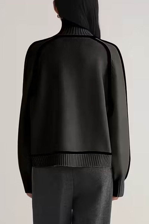 Back view of black Zero Itch Turtleneck Sweater with slimming contrast trim and relaxed fit.