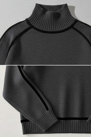 dark gray Zero Itch Turtleneck Sweater with slimming contrast trim and soft knit fabric