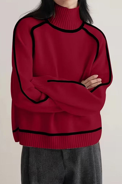 Red Zero Itch Turtleneck Sweater with black contrast trim and relaxed fit.