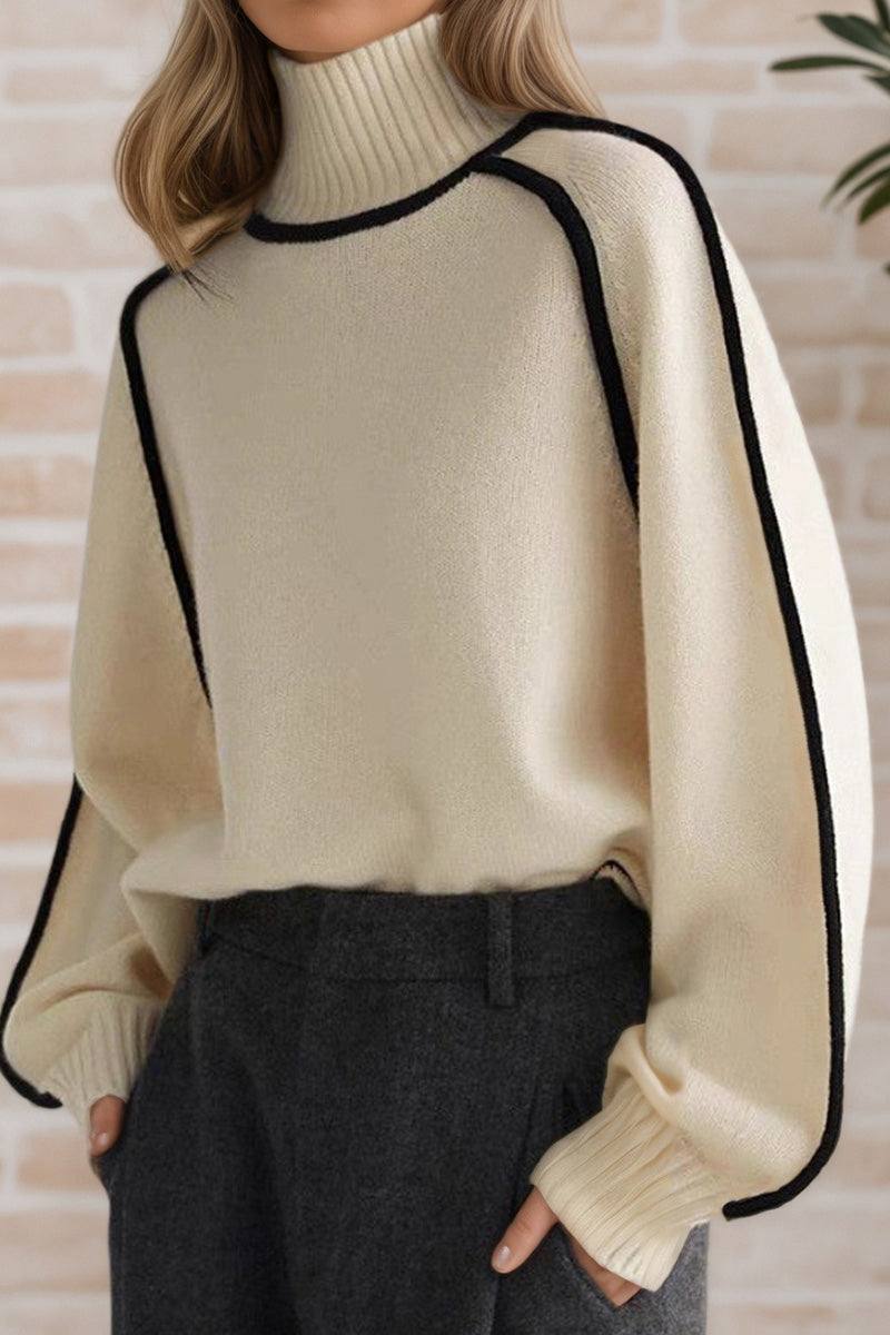Zero Itch Turtleneck Sweater in cream with black contrast trim, soft knit, and relaxed fit.