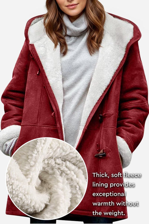 Red warm toggle button hooded coat with thick soft fleece lining for exceptional warmth